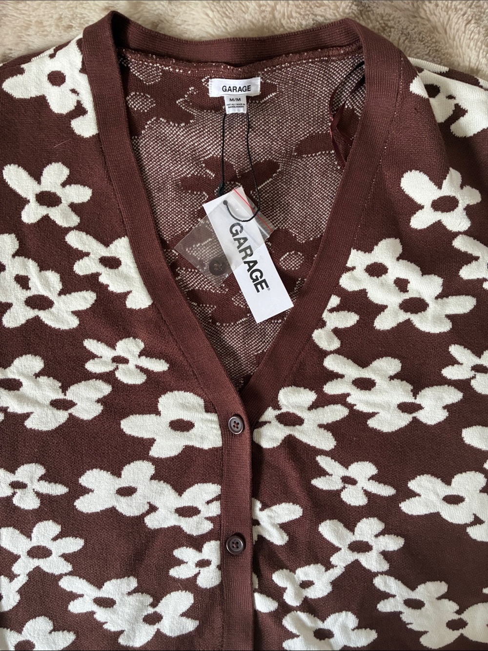 Garage Brown and White Floral V-Neck Short Sleeve Cardigan